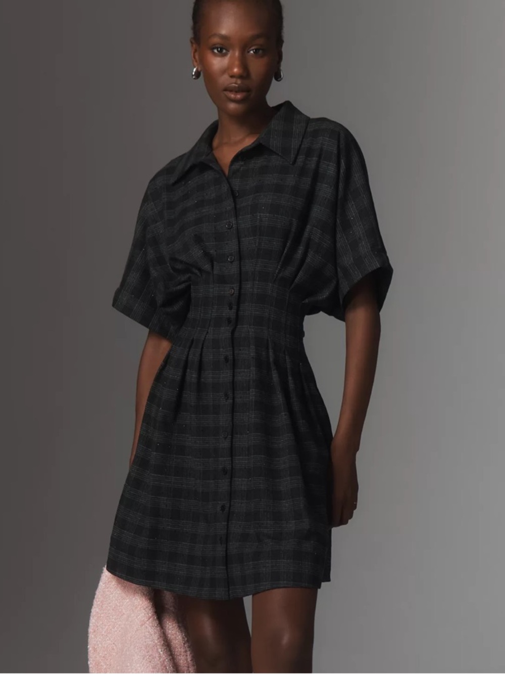 Plaid Button-Front Mini Dress in Charcoal